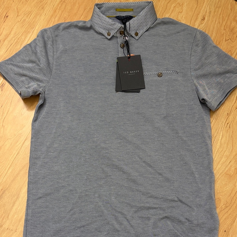 NWT MEN Ted Baker Light Blue Short-Sleeve Polo with Patterned Contrast Collar